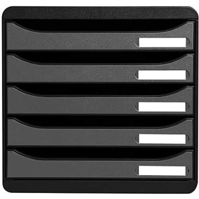 Abbildung von Exacompta 309738D Premium Ablagebox mit 5 Schubladen für DIN A4+ Dokumente. Stapelbare Schubladenbox hoher Kapazität mehr Platz auf dem Schreibtisch Big Box Plus Metallic SchwarzSilber
