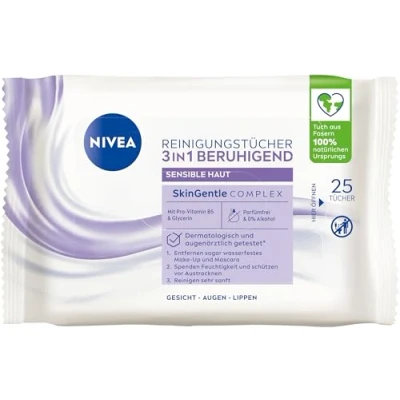 Abbildung von NIVEA Reinigungstücher 3in1 Beruhigend, parfüm und alkoholfreie Abschminktücher für wasserfestes Make Up, sanfte Gesichtsreinigung mit Glycerin besonders sensible Haut (25 Stück)