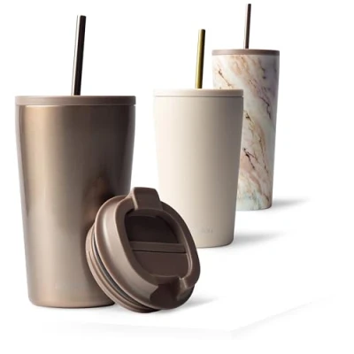 Abbildung von MAMEIDO Thermobecher mit Strohhalm 470ml &amp; 700ml Trinkbecher Deckel und aus Edelstahl doppelwandig isoliert, auslaufsicher Coffee to go Becher (Rosé Quartz, 0,47l)