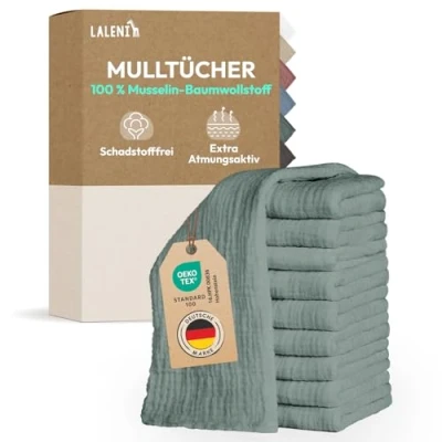 Abbildung von Laleni Spucktücher Baby im 10er Set aus Reiner Baumwolle schadstofffreie Mulltücher 70x70 saugstarke Mussellintücher Musselin Tuch als Mullwindel waschbare Grün