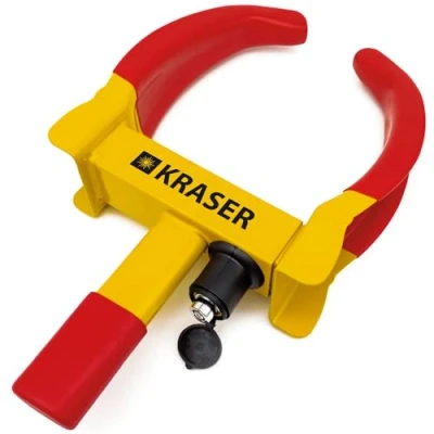 Abbildung von KRASER WA820 Wegfahrsperre Radkralle Reifenkralle, Parkkralle Diebstahlsicherung für Radklemmen, Universal, verstellbar Autos, Wohnwagen, Anhänger, PVC Schutz, Anti Bohrschloss, Rot/Gelb