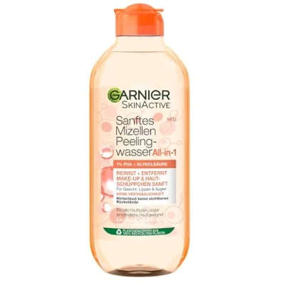 Abbildung von Garnier Sanftes Mizellen Peelingwasser, Reinigungswasser zur Entfernung von Make Up Resten und abgestorbenen Hautschuppen, SkinActive, 1 x 400 ml