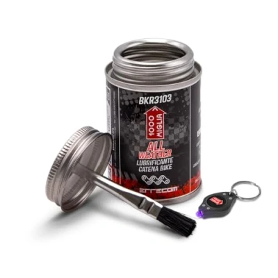 Abbildung von Errecom 1000 Miglia BKR 3101 DRY Fahrradkette Schmiermittel für trockene und staubige Straßenbedingungen 12ml, Spritze mit Drop Huggie System Applikatoren, fluoreszierende duftende Formel