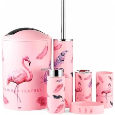 Abbildung von 6tlg Badset Badezimmer Zubehör Set Organizer: Seifenspender, Zahnputzbecher, Kosmetikeimer, WC Bürste und Halter, Seifenschale, Mülleimer, Zahnbürstenhalter, Badgarnitur (Flamingo)