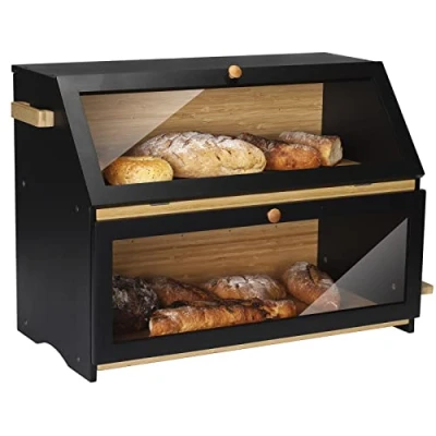 Abbildung von Leader Accessories Bambus Brotkasten 2 Etagen Brotbehälter mit Brotschneidebrett lebensmittelecht Brotaufbewahrung pflegeleicht 50x25x37cm Schwarz