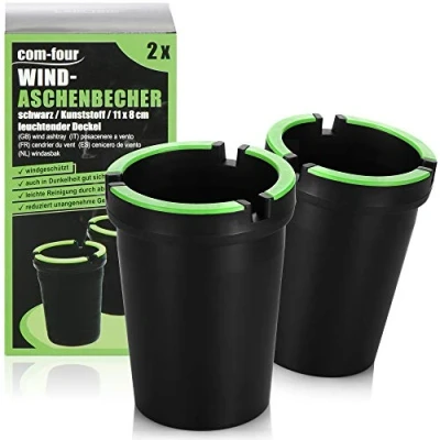 Abbildung von com four® 2X Aschenbecher für draußen Windaschenbecher Sturmaschenbecher mit leuchtendem Deckel Autoaschenbecher, Ø 8 cm (02 Stück schwarz)