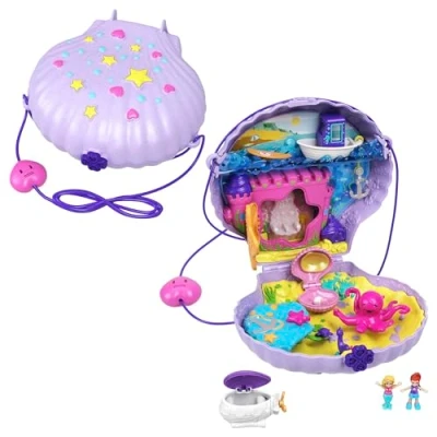Abbildung von Polly Pocket Schatulle, Muschel Tasche zum Umhängen in Unterwasser Thema, mit 2 Puppen und 1 U Boot, Meerjungfrau Spielzeug, Spielzeug ab 4 Jahre, GNH11