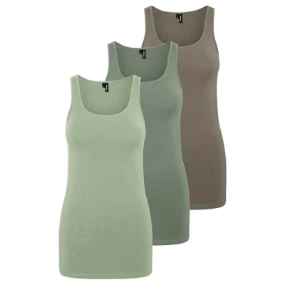 Abbildung von VERO MODA Damen VMMAXI My Soft Long Tank TOP GA 3PACK, Sea Spray, Reseda, Walnut, M