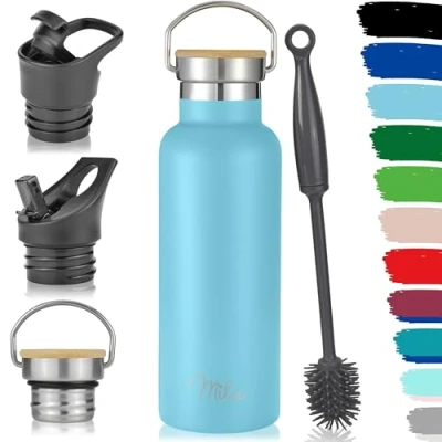 Abbildung von Milu Edelstahl Trinkflasche 350ml 500ml 750ml 1000ml (+3 Deckel) Thermosflasche mit Strohhalm, Isolierte Wasserflasche, Auslaufsichere Isolierflasche doppelwandig (Himmelblau, 500ml)