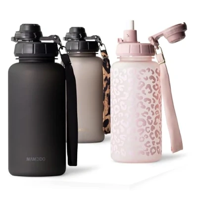 Abbildung von MAMEIDO Trinkflasche 1l mit Strohhalm &amp; Zeitmarkierung als Trinkerinnerung, Wasserflasche auslaufsicher, Sportflasche BPA frei, Gym Water Bottle, Flasche aus Tritan (Rich Black, 1000ml)