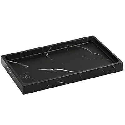 Abbildung von Luxspire Badezimmertablett, Harz Schminktisch Tablett Organizer Deko Rechteckige Bad Schmuckaufbewahrung Servierbrett Schale für Kerzen, Seife, Kosmetik, Schmuck Pflanze Tinte Schwarz