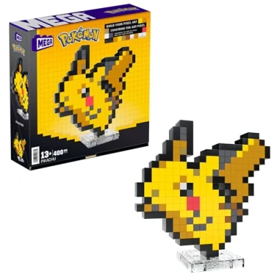 Abbildung von MEGA Pokémon Pikachu zusammenbaubare Pixel Art Figur mit Retro Look, inklusive Basis zur Wandmontage, für Erwachsene Baumeister und Sammler, HTH74