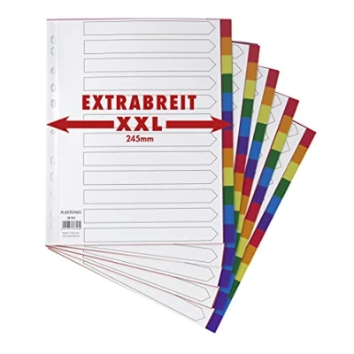 Abbildung von 5er Set XXL 12 teiliges Register/Trennblätter extra breit aus buntem stabilem PP, DIN A4+ mit Deckblatt Papier zum Beschriften. Trenn Blätter überbreit für die Ordner Organisation im Büro