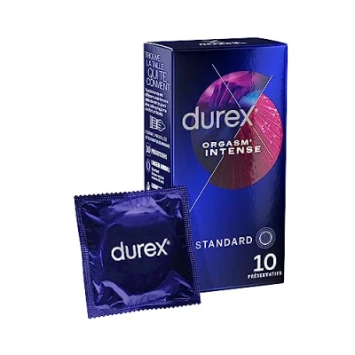 Abbildung von Durex Intense Orgasmic Kondome, Gerippte und genoppte Kondome mit Stimulationsgel für eine intensivere Befriedigung der Frau, 1er Pack (1 x 10 Stück)