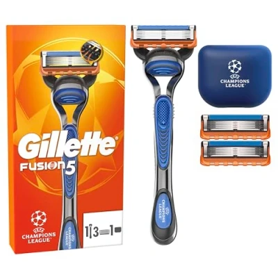 Abbildung von Gillette Fusion5 Rasierer für Männer UEFA Champions League Special Edition, 1 Rasierer, 3 Ersatzklingen, Mit Gleitstreifen und 5 Klingen, langanhaltende Rasur inkl Reiseschutzkappe