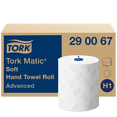 Abbildung von Tork Matic Rollenhandtuch Advanced 290067 H1 Papierhandtücher für Rollenhandtuchspender, weich, reißfest, 2 lagig, weiß, mit Blatt Prägung in Grau, 1 karton = 6 rollen