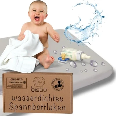 Abbildung von Bisoo Spannbettlaken 60x120 Baby Matratzenschoner Wasserdicht Bettlaken für Babybett Wiege 100% Baumwolljersey Öko Tex wasserdichte Spannbetttuch 120x60 1 Stück Grau
