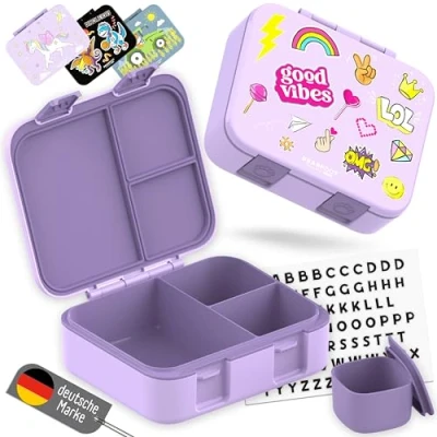 Abbildung von BEARFOOT Bento Box COMPACT BPA freie Kinder Brotdose für Schule &amp; Kindergarten Auslaufsichere Lunchbox Mädchen Jungen Praktisch, leicht kompakt (Sticker lila, 1.000ml)