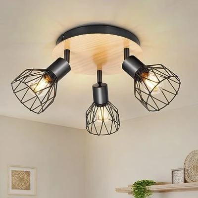 Abbildung von Kimjo Led Deckenstrahler 3 Flammig Rund Holz Schwenkbar Deckenlampe Strahler Deckenleuchte E14 Schwarz Spotleuchte Wand Küche Lampe Wohnzimmer Deckenspot Schlafzimmer Nein Leuchtmittel