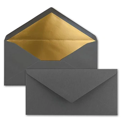 Abbildung von 50 Brief Umschläge DIN Lang Anthrazit Grau mit Gold Metallic Innen Futter 110 x 220 mm Nassklebung festliche Kuverts für Einladungen