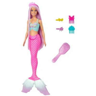 Abbildung von Barbie Meerjungfrauen Puppe mit Langen rosa Haaren und Accessoires für individuelles Styling, inklusive Bürste, wunderschönes Muscheloberteil Pinker Schwanzflosse, Kinder ab 3 Jahren, HRR00