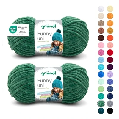 Abbildung von Gründl Wolle Funny uni weiche Chenille zum Häkeln Chenillegarn aus 100% Polyester, 2 Knäuel (100 g/ 120 m, Nadelstärke: 5 6) Dunkelgrün