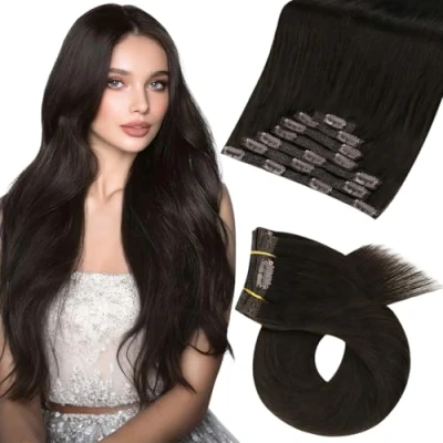 Abbildung von Moresoo Clip in Extensions Echthaar, Salon Qualität Weiches Glattes Haar 40 cm 7 Stück 120g #2 Dunkelstes Braun, Leicht zu Tragen Solide und Langlebig