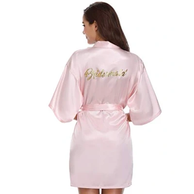 Abbildung von Vlazom Hochzeits Morgenmantel Satin Kimono Robe Kurz Braut Nachtwäsche Sleepwear V Ausschnitt mit Gürtel für Brautjungfern Hochzeit Party, Pink For Bridesmaid, S