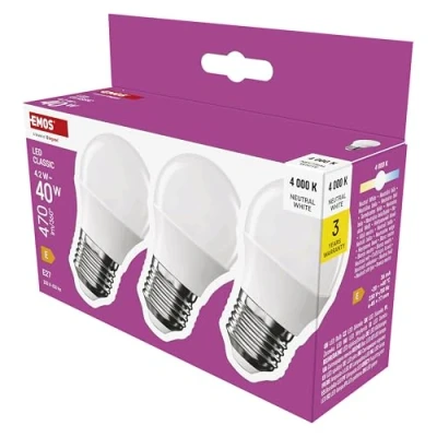Abbildung von EMOS LED Lampe Mini Globe 3er Pack, 4,2W Ersatz für 40W Glühbirne, kleine Birne mit E27 Sockel, Helligkeit 470 lm, Neutralweiß 4000 K, 30000 h Lebensdauer, CRI min. 80, 150 Abstrahlwinkel