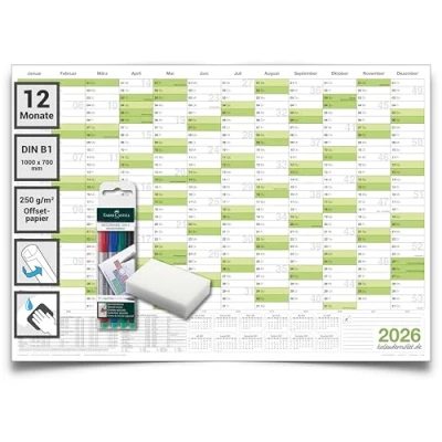Abbildung von DIN B1 Wandkalender 2026 abwischbar XXL Jahresplaner 100x70 cm, feucht korrigierbar, inkl. 4 Marker &amp; Schwamm großer Jahreskalender auf Deutsch für Büro Zuhause Kalenderoutlet