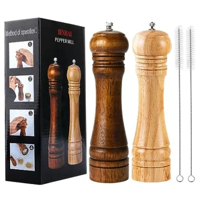 Abbildung von BINHAI Pfeffermühlen 2 Stück Set aus Holz Gewürzmühle manuelle Mühlen Salzmühlen solide mit starken verstellbaren Keramikmühlen