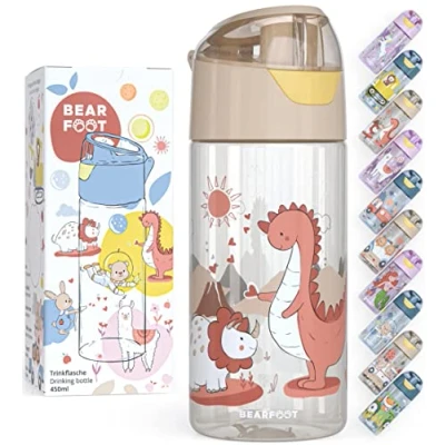 Abbildung von BEARFOOT Trinkflasche Kinder 450ml, leichte Tritan Wasserflasche, BPA frei, auslaufsicher, Kohlensäure geeignet, spülmaschinenfest für Jungen, Mädchen, Kindergarten (Beige Dinos)