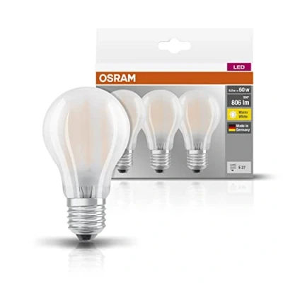 Abbildung von Osram LED Base Classic A Lampe, in Kolbenform mit E27 Sockel, nicht dimmbar, Ersetzt 60 Watt, Matt, Warmweiß 2700 Kelvin, 3er Pack