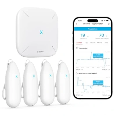 Abbildung von X Sense WLAN Hygrometer Thermometer Innen, Temperatur und Luftfeuchtigkeitsüberwachung per App, 500m Reichweite, Kostenfreier Datenexport, kompatibel mit Alexa, 4 Sensoren 1 Basisstation SBS50