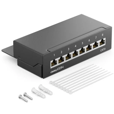 Abbildung von deleyCON CAT 6 Patchpanel Verteilerfeld 8 Port Desktop &amp; Wandmontage Geschirmt 8x RJ45 Buchse TIA568A TIA568B Schwarz