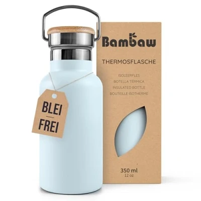 Abbildung von Bambaw Thermosflasche Kinder 350ml, Trinkflasche Blau, Edelstahl Flasche, Isolierflasche, Klein, Getränkeflasche, Trinkflaschen Metall Eisblau