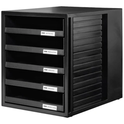 Abbildung von HAN Schubladenbox SCHRANK SET mit 5 offenen Schubladen für Unterlagen bis DIN C4, auf dem Schreibtisch oder im Schrank, inkl. Auszugsperre, möbelschonende Gummifüße, 1401 13, schwarz