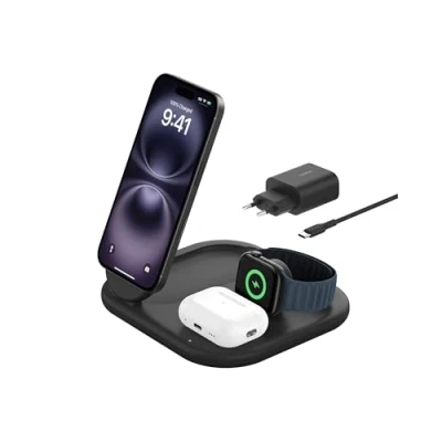 Abbildung von Belkin BoostCharge Ladegerät induktive 3 in 1 Ladestation Qi2, 15 W, klappbar MagSafe kompatibles Ständer für Apple iPhone 16/15, Watch, AirPods, rutschfest, Schnellladen, mit Netzteil Schwarz