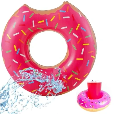 Abbildung von TK Gruppe Timo Klingler Aufblasbar Donut Schwimmring pink Ø 120 cm mit Biss Schwimmreifen Pool &amp; Wasser, je Getränkehalter für Erwachsene Kinder