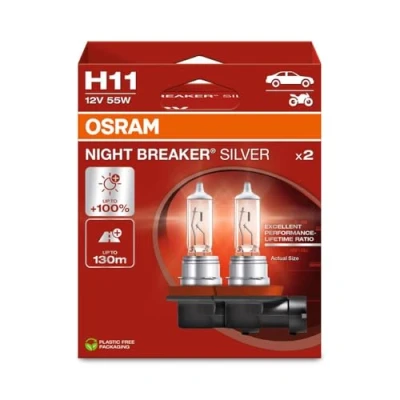 Abbildung von OSRAM NIGHT BREAKER SILVER H11, +100% mehr Helligkeit, Halogen Scheinwerferlampe, 64211NBS 2HB, 12V Pkw, Hängebox (2 Lampen)