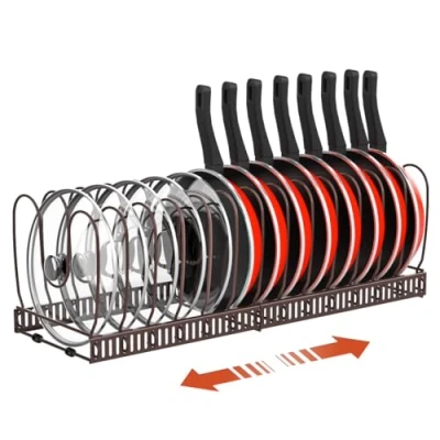 Abbildung von Housolution Pfannenhalter für Schublade, Erweiterbarer Topfdeckelhalter mit 14 Verstellbaren Teiler, Topf und Pfannen Organizer Deckelhalter Aufbewahrung Küche, Bronze