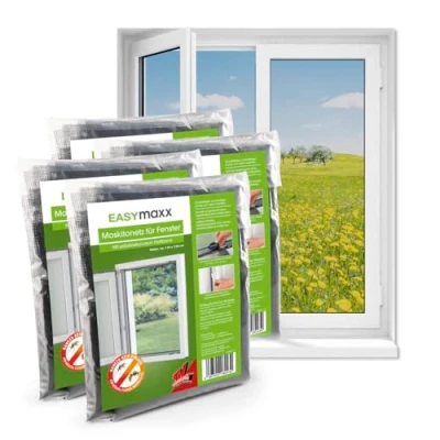 Abbildung von EASYmaxx Fliegengitter Fenster Moskitonetz, Montage ohne Bohren zuschneidbarer Insektenschutz bis 110 x 130 cm Mückenschutz Fliegennetz Klettband selbstklebend [4 Stück]