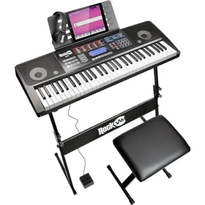 Abbildung von RockJam 61 Key Touch Display Keyboard Piano Kit with Digital Bench, Electric Stand, Headphones Note Stickers, Sustain Pedal &amp; Simply Lessons