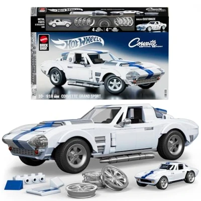 Abbildung von ​Mattel Brick Shop Hot Wheels Elite Serie Bauset, Corvette Grand Sport mit 918 Teilen, realistischen Details und individuellen Aufklebern, für Sammler Kinder ab 10 Jahren, JGR31