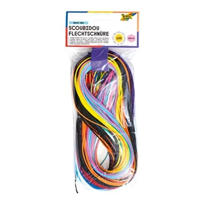 Abbildung von folia 731100 Basic Mix Scoubidou Flechtschnüre, opak/transparent, 100 Stück sortiert in 10 verschiedenen Farben ideal zum Flechten von Armbändern, Schlüsselanhängern, usw.