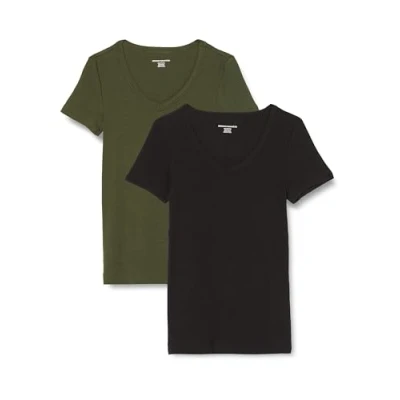 Abbildung von Amazon Essentials Damen Kurzärmeliges T Shirt mit V Ausschnitt, Schmale Passform, 2er Pack, Dunkles Olivgrün/Schwarz, XXL
