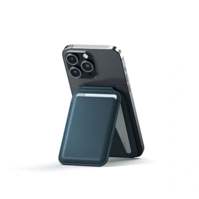 Abbildung von SATECHI Magsafe Wallet und Double Flap Stand mit Magnetfunktion, iPhone 4 Kartenfächern, Frontklappe NFC Pass Through für 16, 15, 14, 13, 12 Vegan Leder, Blau