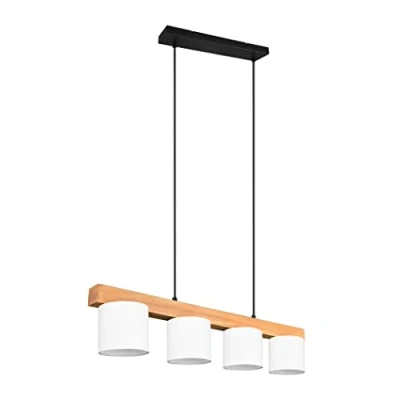 Abbildung von Reality Leuchten Pendelleuchte Cameron R30654001, Metall Schwarz matt, Stoffschirm weiß, Holz, exklusiv 4x E14