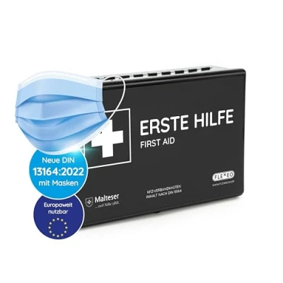 Abbildung von KFZ Verbandkasten nach aktueller DIN 13164 [EUROPAWEIT GÜLTIG] gemäß StVZO inkl. 2 med. Gesichtsmasken Erste Hilfe Set, Kasten, Verbandskasten Auto, PKW