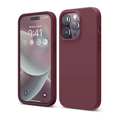 Abbildung von elago Schutzhülle für iPhone 14 Pro, Flüssigsilikon, Ganzkörper Schutzhülle, stoßfest, schlanke Handyhülle, kratzfestes weiches Mikrofaserfutter, 15,5 cm (Burgunderrot)